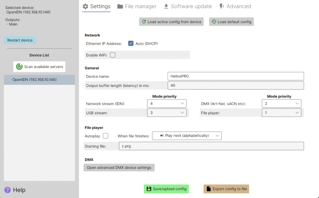 HeliosPRO Manager tool - Settings tab screenshot